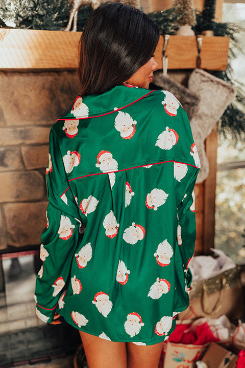 Green Christmas Santa Claus Print Satin Shirt and Shorts Set