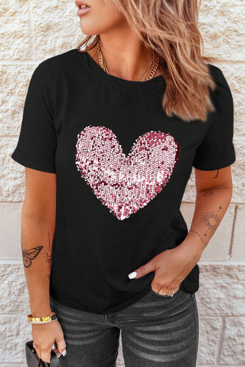 Black Valentine Sequin Heart Shaped Crew Neck T Shirt