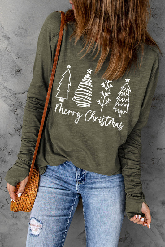 Camiseta con gráfico de manga con orificio para el pulgar de Merry Christmas Trees en verde