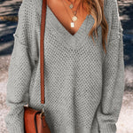 Light Grey Loose Eyelet V Neck Drop Shoulder Sweater