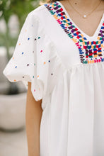 White Embroidered Puff Sleeve V Neck Blouse