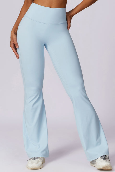 Mist Blue Solid Color High Waist Active Sports Flare Pants