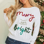 White Tinsel Merry and Bright Graphic Christmas Sweater