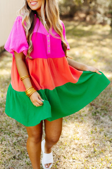 Multicolor Color Block Tiered Puff Sleeve Dress