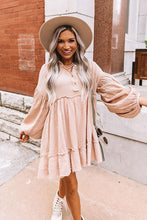 Oatmeal Crinkle Distressed Puff Sleeve Flared Dress