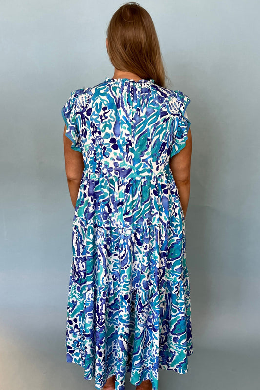 Sky Blue Plus Abstract Print Split Neck Ruffled Sleeve Tiered Long Dress