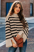 Khaki Striped Mock Neck Bell Sleeve Knit Sweater