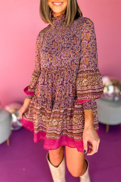 Purple Floral Smocked Puff Sleeve High Neck Mini Dress