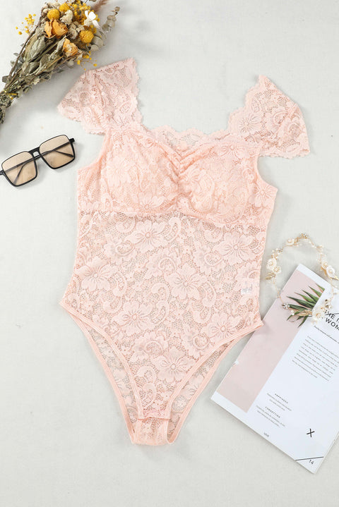 Khaki Floral Lace Scalloped Square Neck Bodysuit