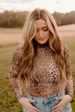 Brown Leopard Smocked Neck Mesh Long Sleeve Bodysuit