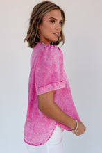 Bright Pink Mineral Wash Split Neck Pocket Patched Denim Top