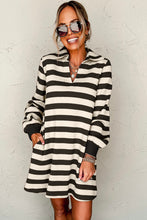 Black Stripe Collared V Neck Long Sleeve Loose Casual Dress