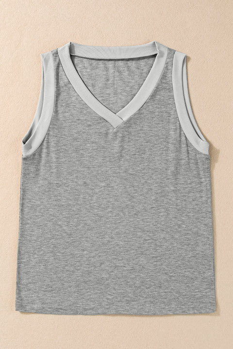 Gray Ribbed V Neck Tank