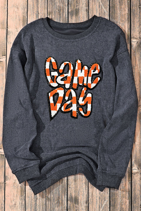 Dark Grey Chenille Checkered Game Day Graphic Drop Shoulder Corded Sweatshirt