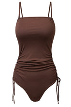 Coffee Ribbed Drawstring Sides Cutout One Piece Swimsuit