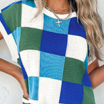 Dark Blue Color Block Cap Sleeve Sweater Tops