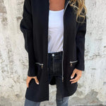 Black Solid Color Casual Zip up Hooded Coat