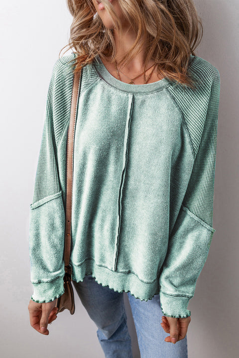 Mineral Blue Waffle Knit Patchwork Exposed Seam Raglan Sweatshirt