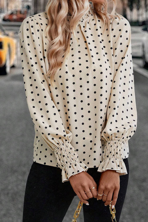 Apricot Polka Dot Print Frilled Collar Lantern Sleeve Blouse