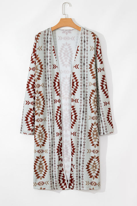 Brown Western Aztec Printed Open Front Long Cardigan