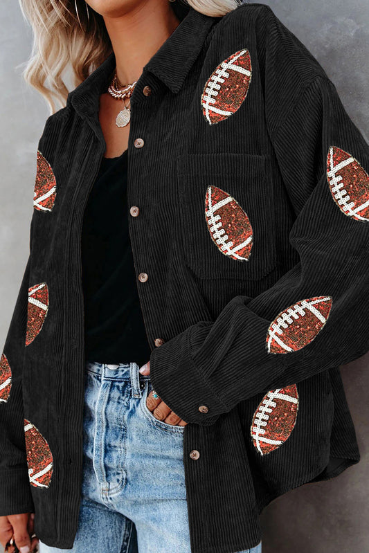 Black Sequin Rugby Pattern Buttoned Corduroy Shacket