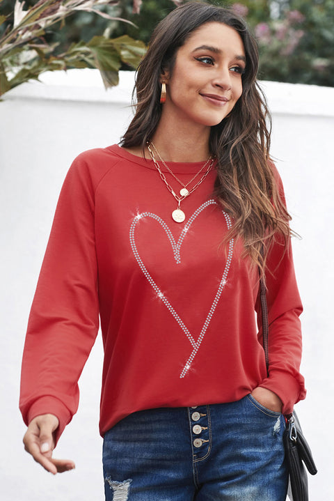 Rhinestone Heart Shaped Long Sleeve Sweatshirt