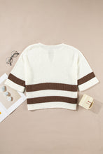 Brown Striped Accent Notched V Neck Cropped Sweater T Shirt