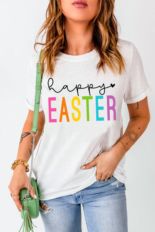 White Happy EASTER Round Neck Graphic Tee