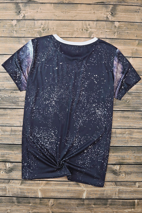 Black Western Cow Splash Ink Bleached Print Crew Neck Top