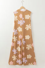 Khaki Floral Print Sleeveless Button up Wide Leg Loose Jumpsuit