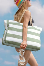 Grass Green Striped Rope Handle Canvas Large Tote Bag