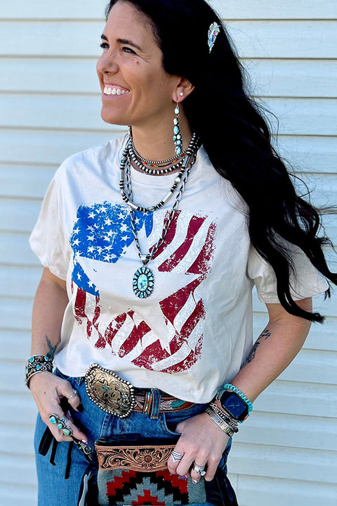 American Flag Star Graphic Print Crew Neck T Shirt