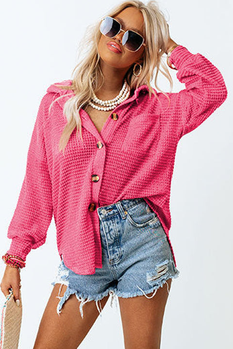 Pink Waffle Knit Button Up Casual Shirt