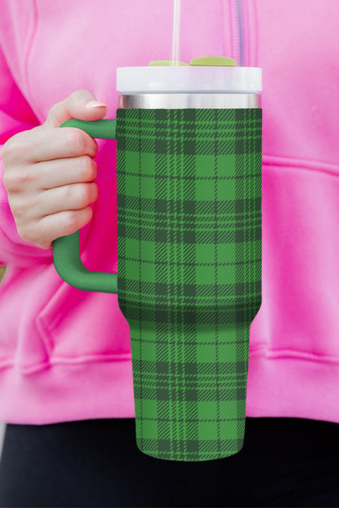 Dark Green Plaid Print Handle Stainless Vacuum Cup 1200ML