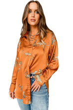 Russet Orange Cheetah Animal Print Button Up Satin Shirt