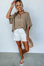 Simply Taupe Collared Half Buttons Folded Short Sleeve Oversize Top