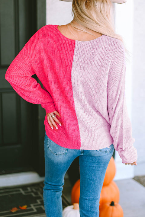 Pink Long Sleeve V-Neck Colorblock Sweater