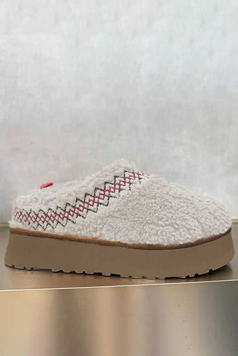 White Embroidered Sherpa Plush Thick Sole Winter Slippers