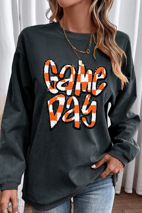 Dark Grey Chenille Checkered Game Day Graphic Drop Shoulder Corded Sweatshirt