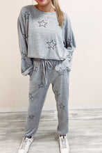 Gray Stars Print Long Sleeve Drawstring High Waist Lounge Set