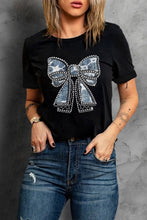 Black Rhinestone Bowknot Graphic Crewneck T Shirt