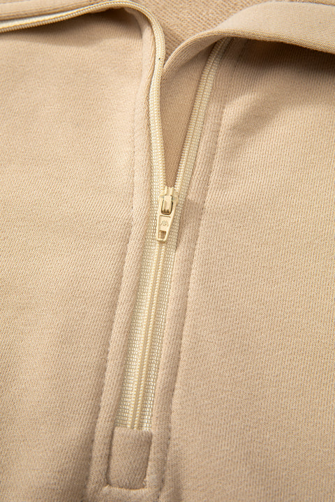 Parchment Quarter Zip Stand Neck Kangaroo Pocket Sweatshirt