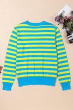 Green Stripe Crew Neck Drop Shoulder Casual Sweater