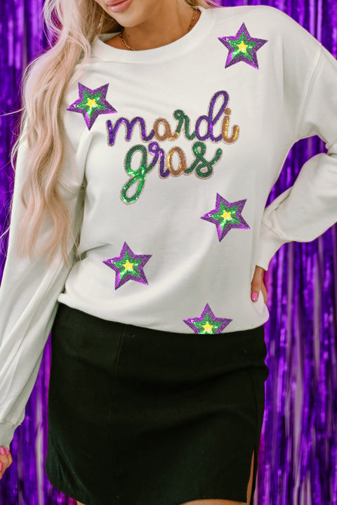 White Sequined Mardi Gras Star Pattern Drop Shoulder Sweatshirt