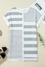 Gray Stripe Mixed Printed Short Sleeve Shift Mini T Shirt Dress