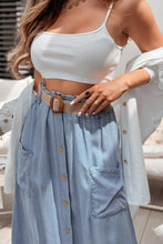 Beau Blue Buttoned Front High Waist Side Pockets Denim Maxi Skirt