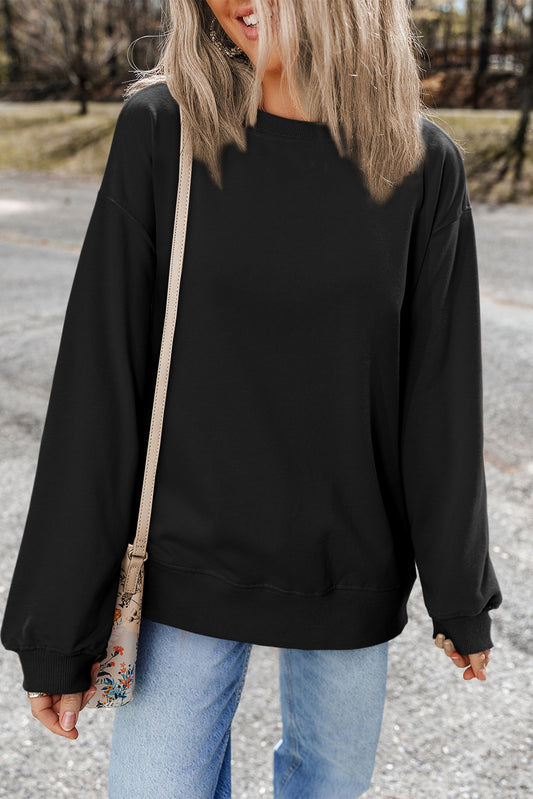 Black Plain Drop Shoulder Crewneck Pullover Sweatshirt