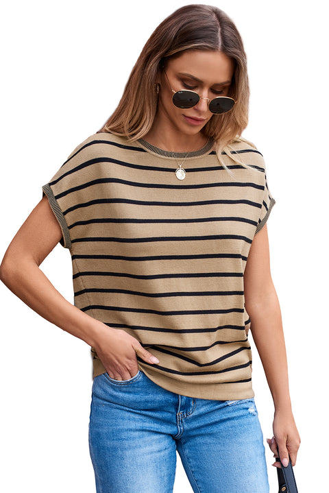 Khaki Stripe Knitted Bat Sleeve T Shirt