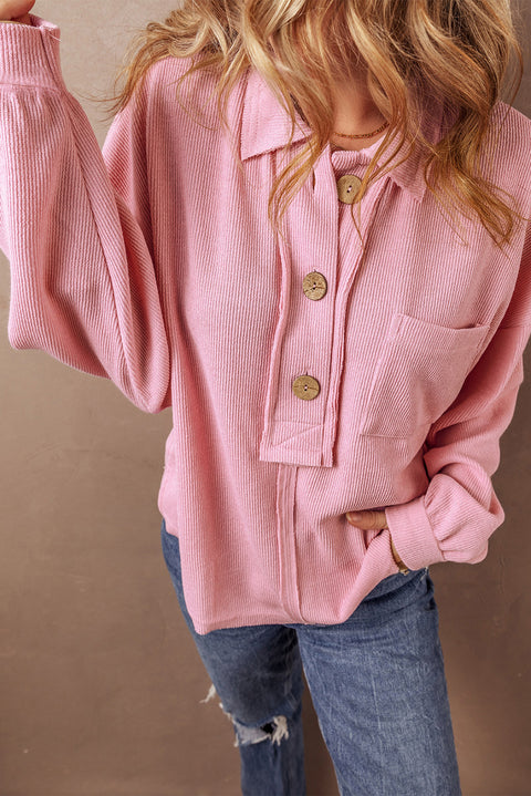 Pink Ribbed Knit Collared Henley Top with Chest Pocket