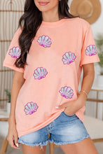 Pink Sequin Shell Graphic Round Neck T Shirt